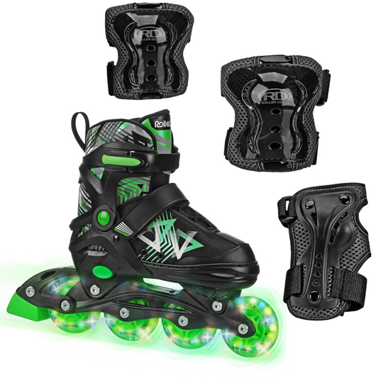 Stryde Lighted Boy's Adjustable Inline Skates with Tri-Pack Protective Gear